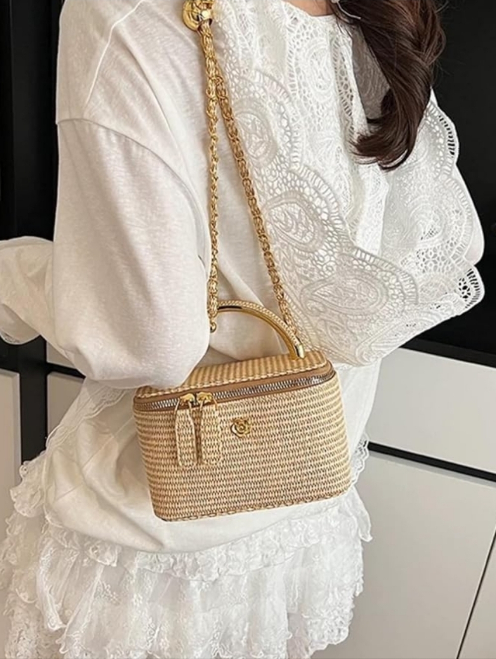 Woven Straw Top-Handle Shoulder Bag in Cream and Tan - Picture 11 of 17